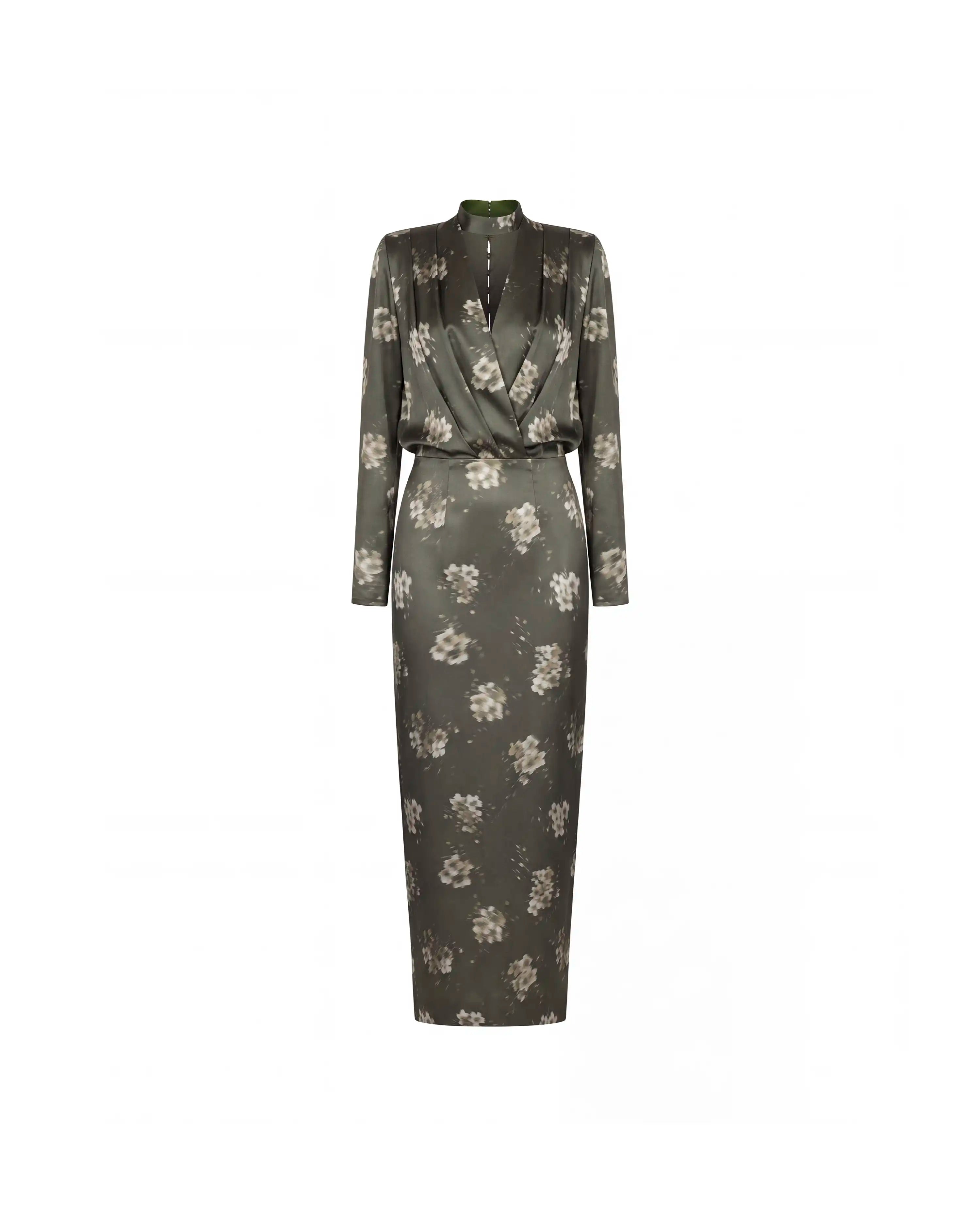 Jasmine midi, khaki satin midi dress with ivory flowers