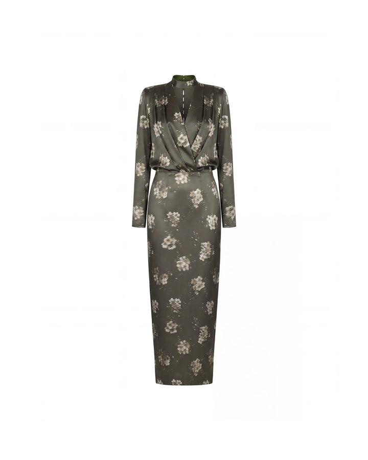 Jasmine midi, khaki satin midi dress with ivory flowers