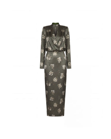 Jasmine midi, khaki satin midi dress with ivory flowers