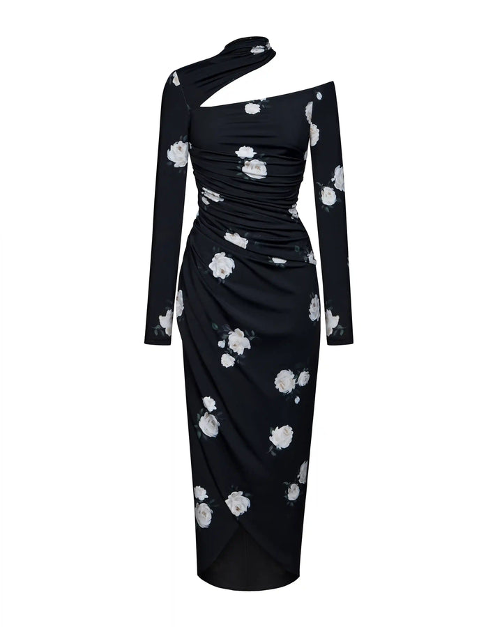 Jennifer midi, midi dress with long sleeves made of black biflex with floral print