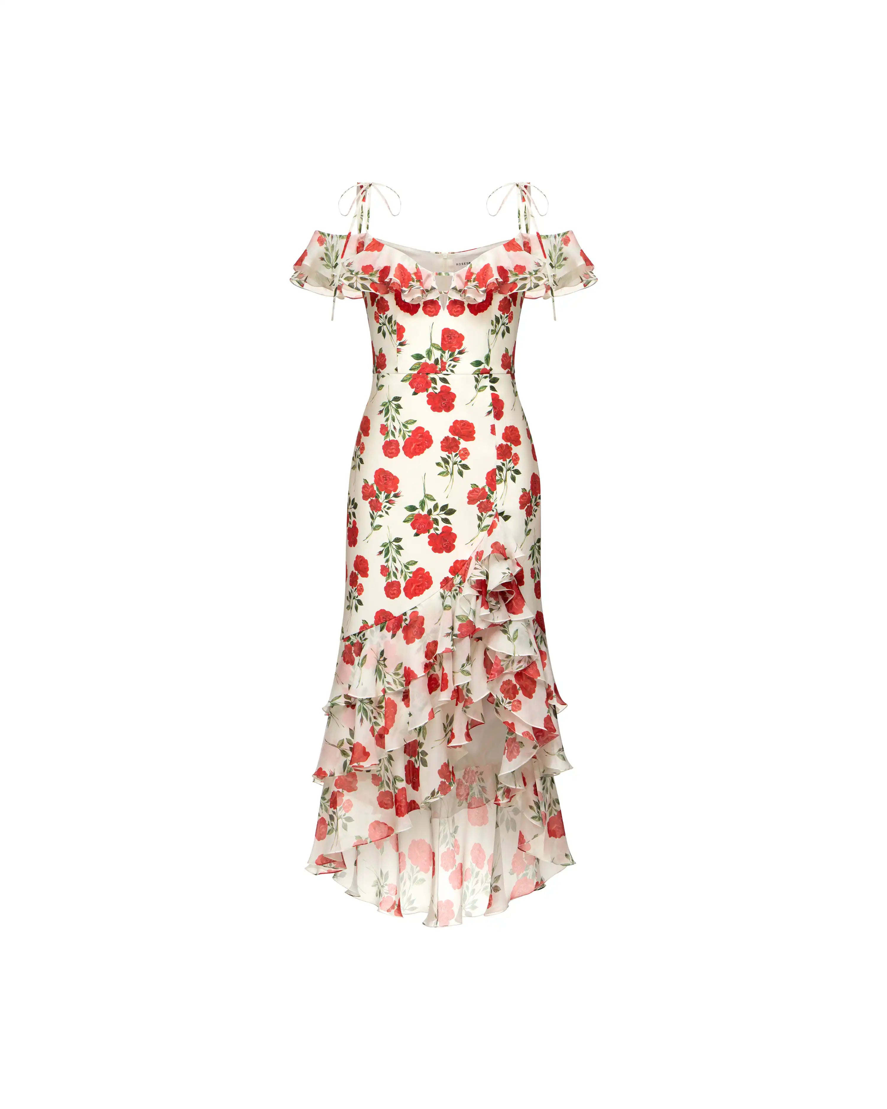 Monika midi, midi dress in milky crepe de chine with medium red roses