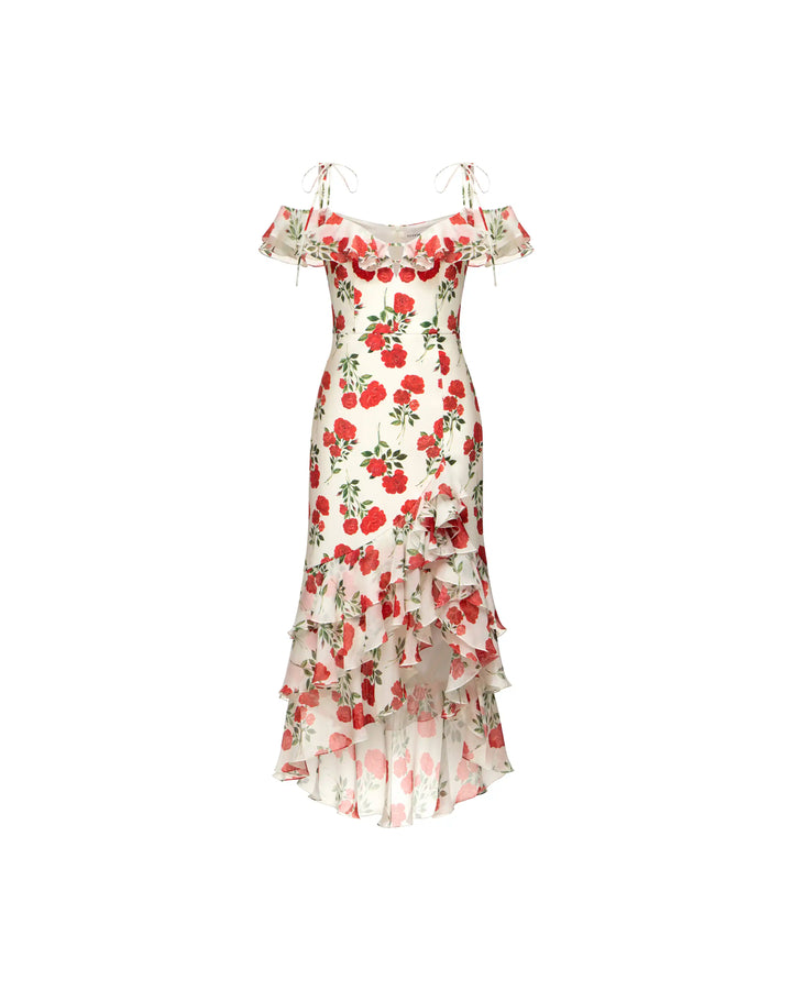 Monika midi, midi dress in milky crepe de chine with medium red roses
