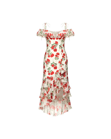 Monika midi, midi dress in milky crepe de chine with medium red roses