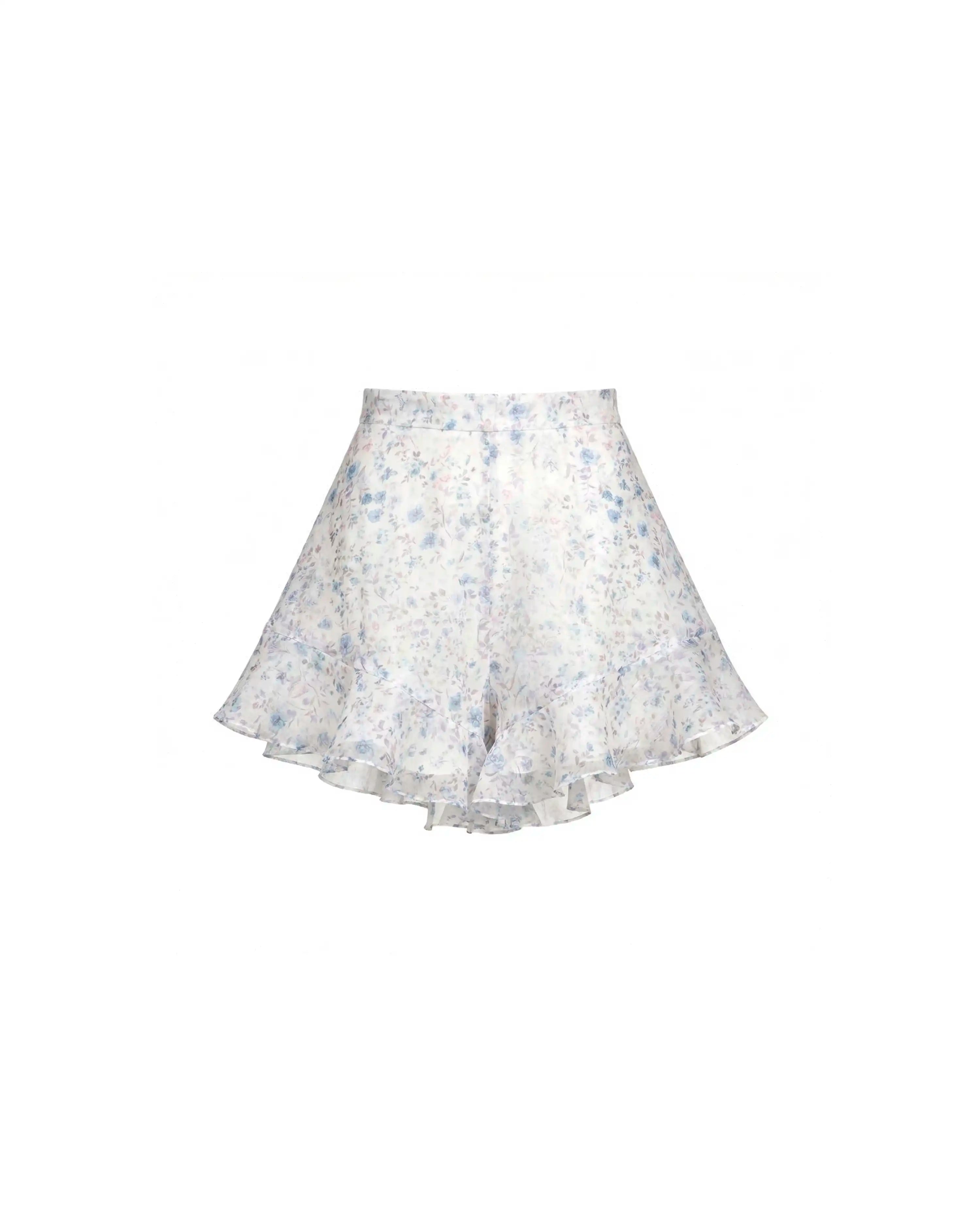 Audrie, milky chiffon ruffled shorts with a floral print