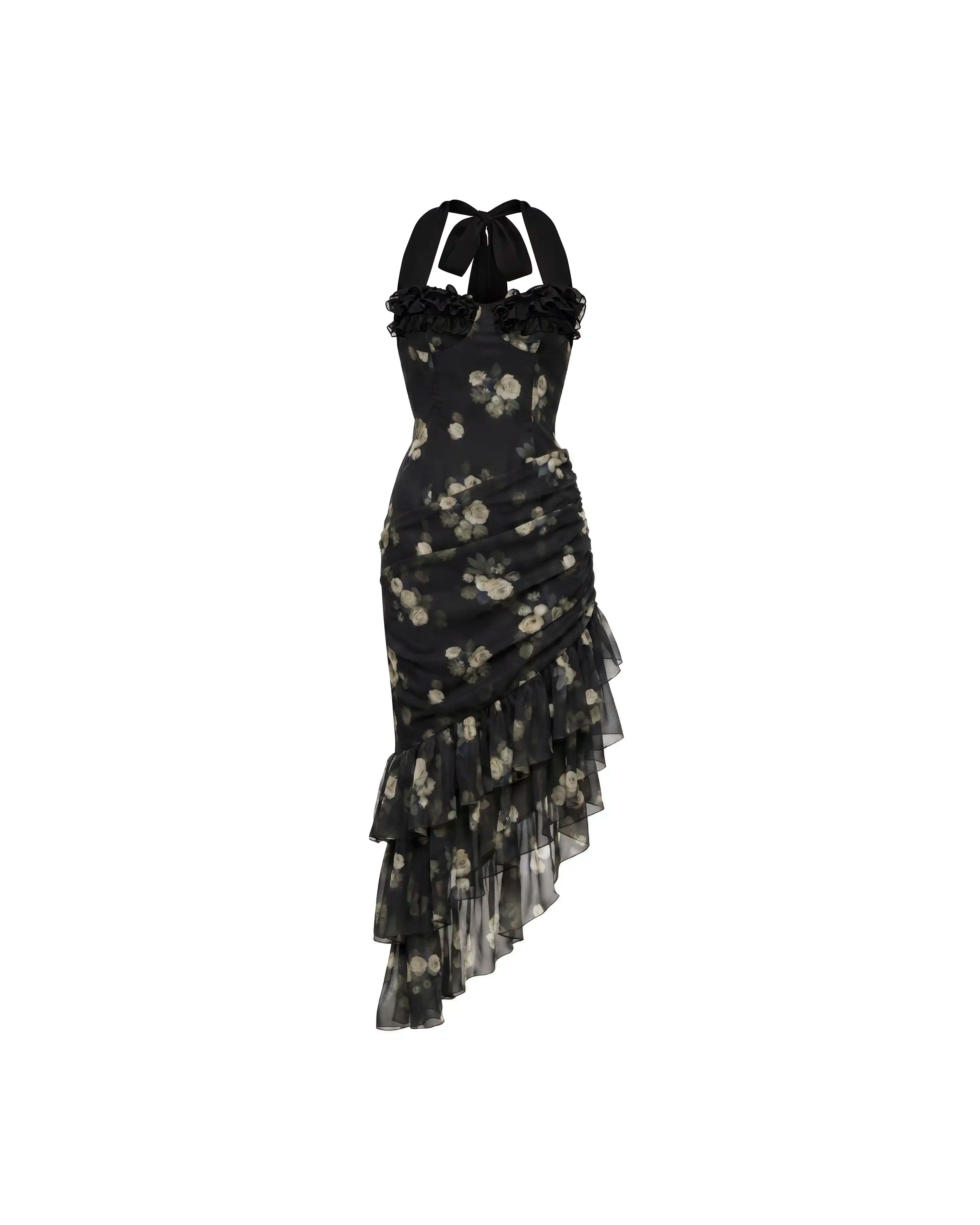 Sally midi, midi dress in black chiffon with a floral print