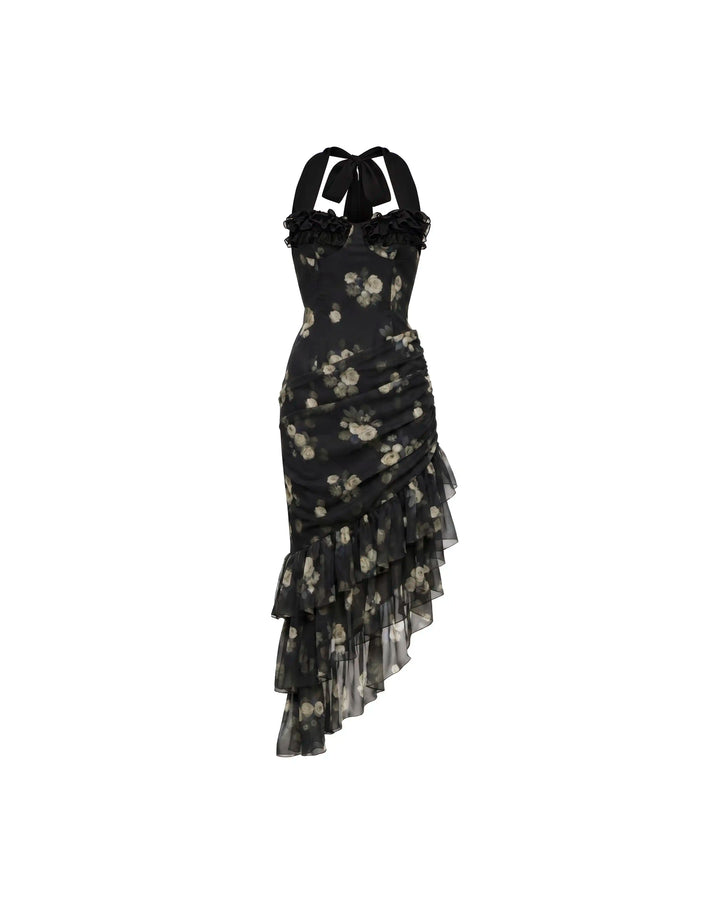 Sally midi, midi dress in black chiffon with a floral print
