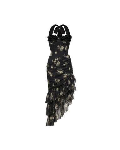 Sally midi, midi dress in black chiffon with a floral print