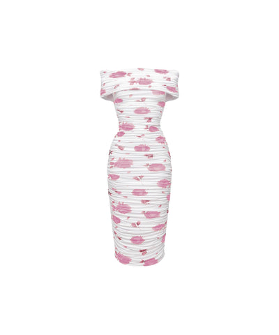 Iren, midi dress made of biflex, ivory with light pink flowers