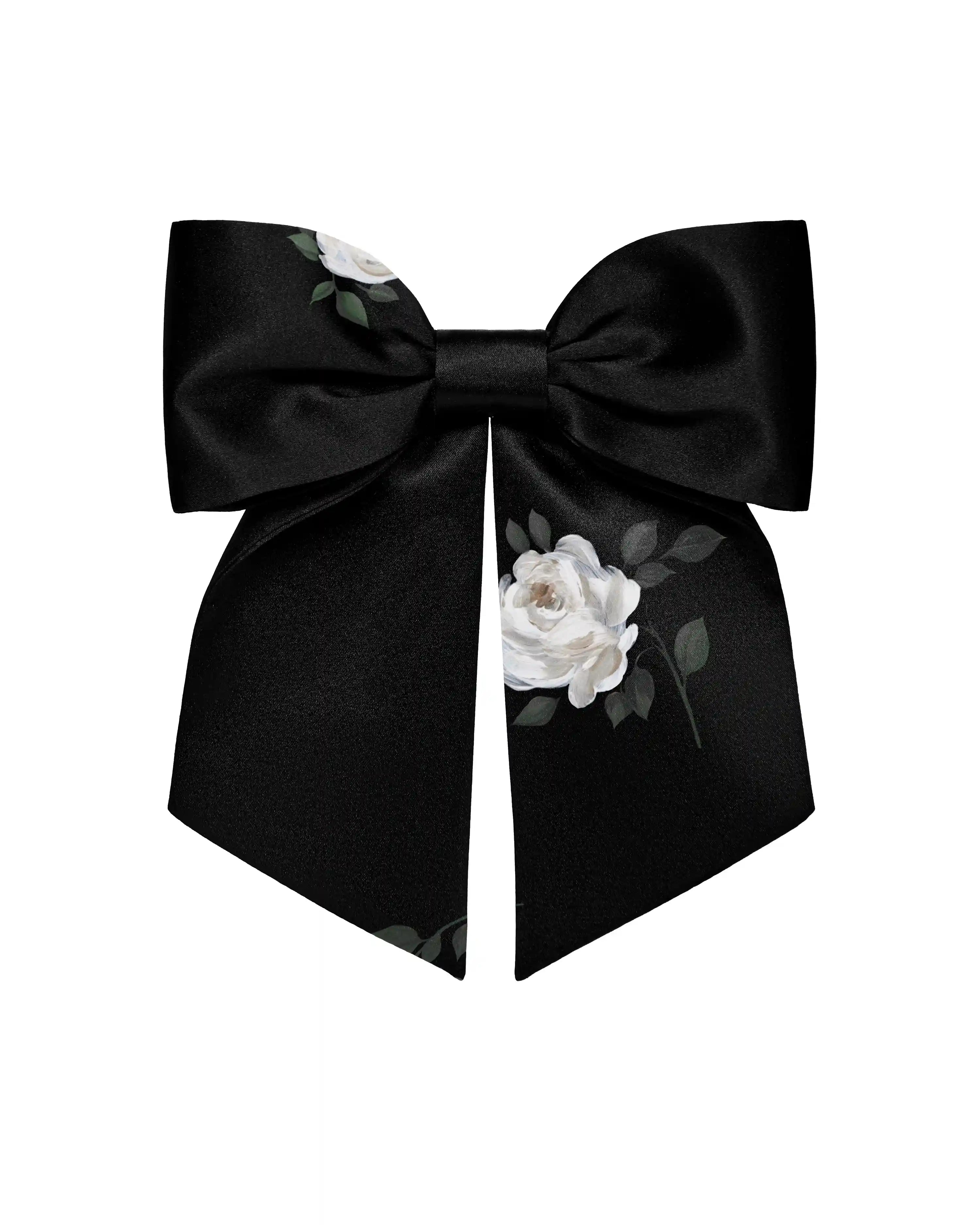 Mirella, hairclip bow made of black satin with floral print