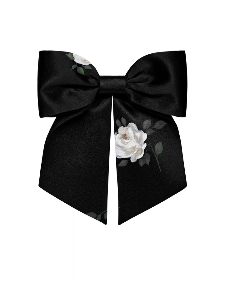 Mirella, hairclip bow made of black satin with floral print