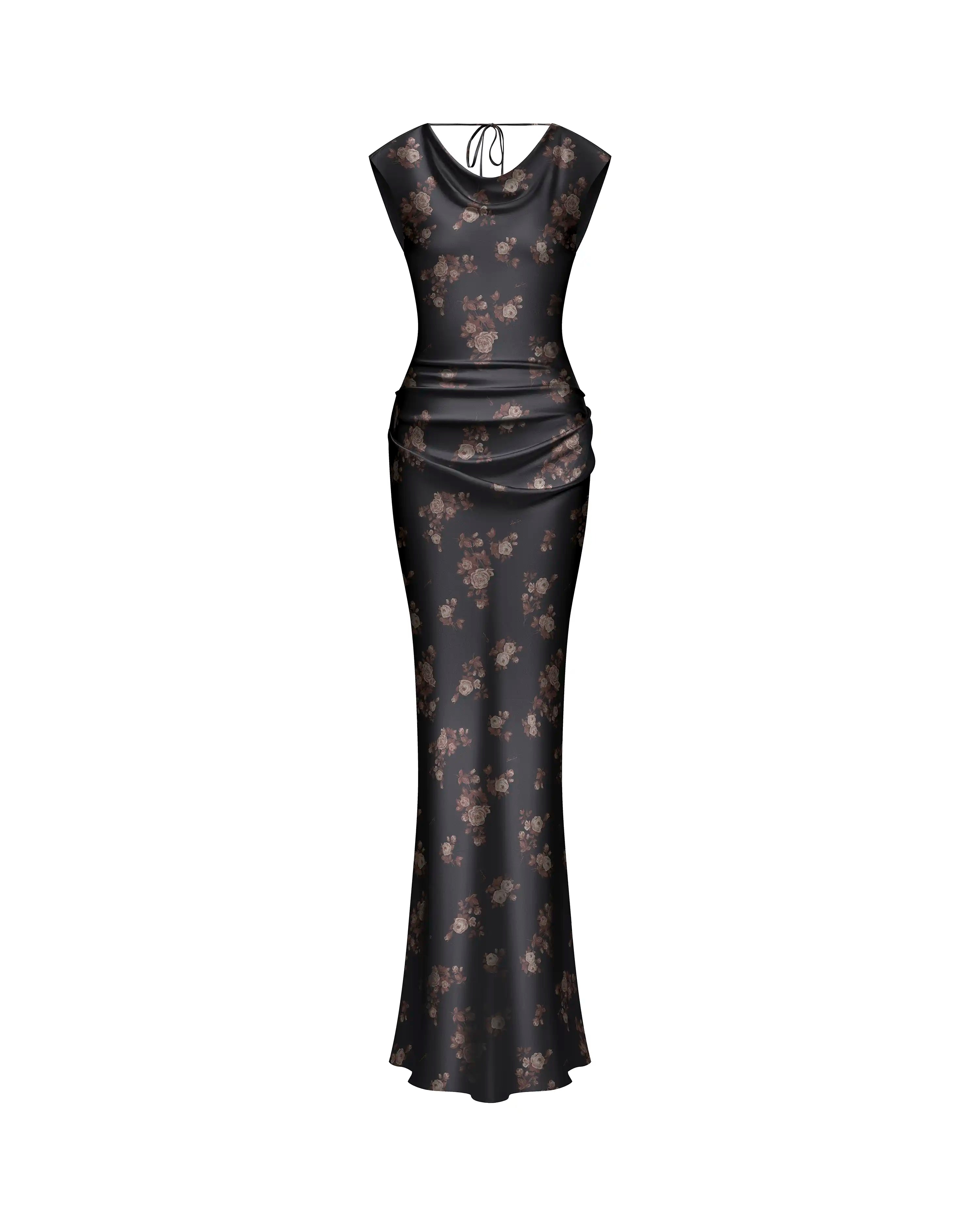 Lucy maxi, black satin maxi dress with brown flowers