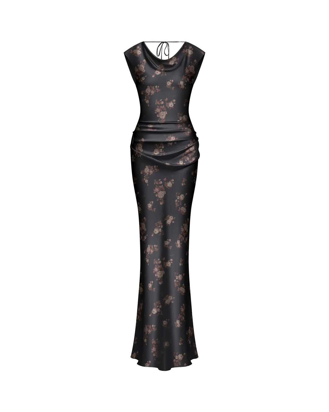 Lucy maxi, black satin maxi dress with brown flowers