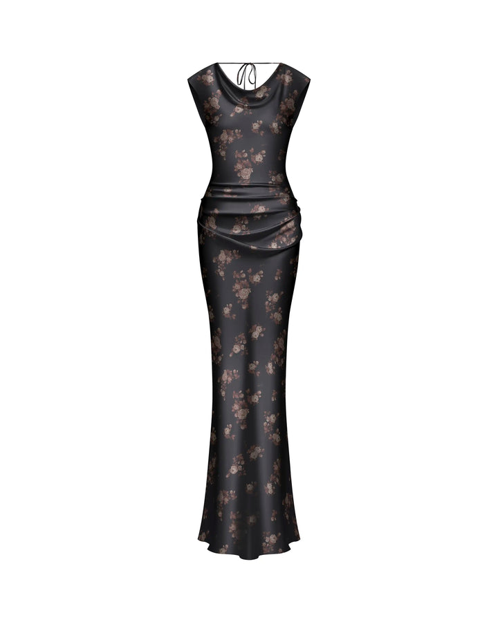 Lucy maxi, black satin maxi dress with brown flowers