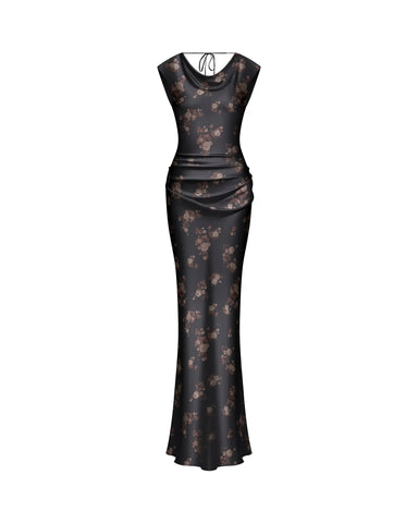 Lucy maxi, black satin maxi dress with brown flowers