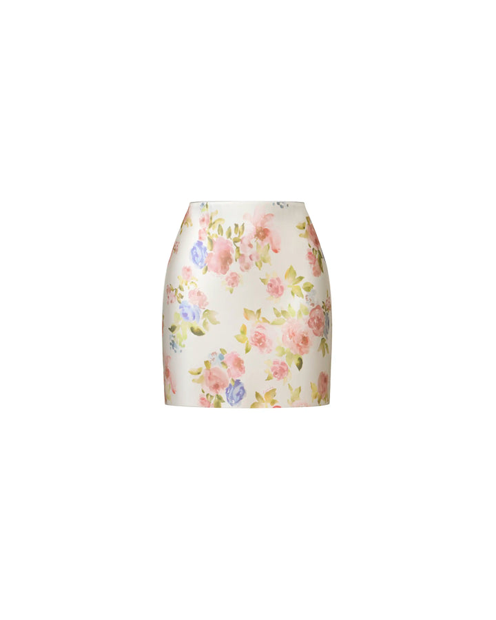 Mona mini, ivory satin mini skirt with floral print