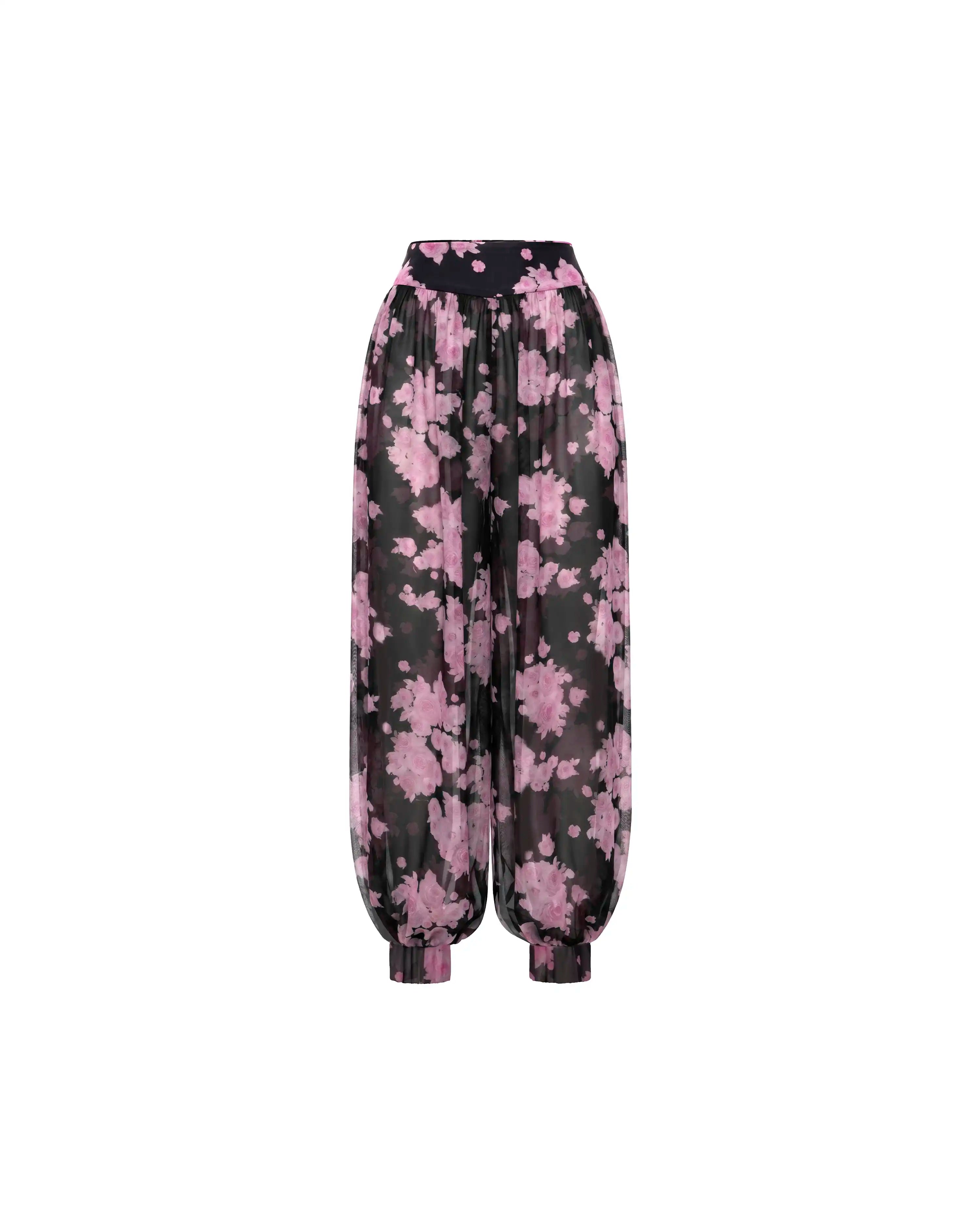 Evie, black chiffon harem pants with large pink flowers