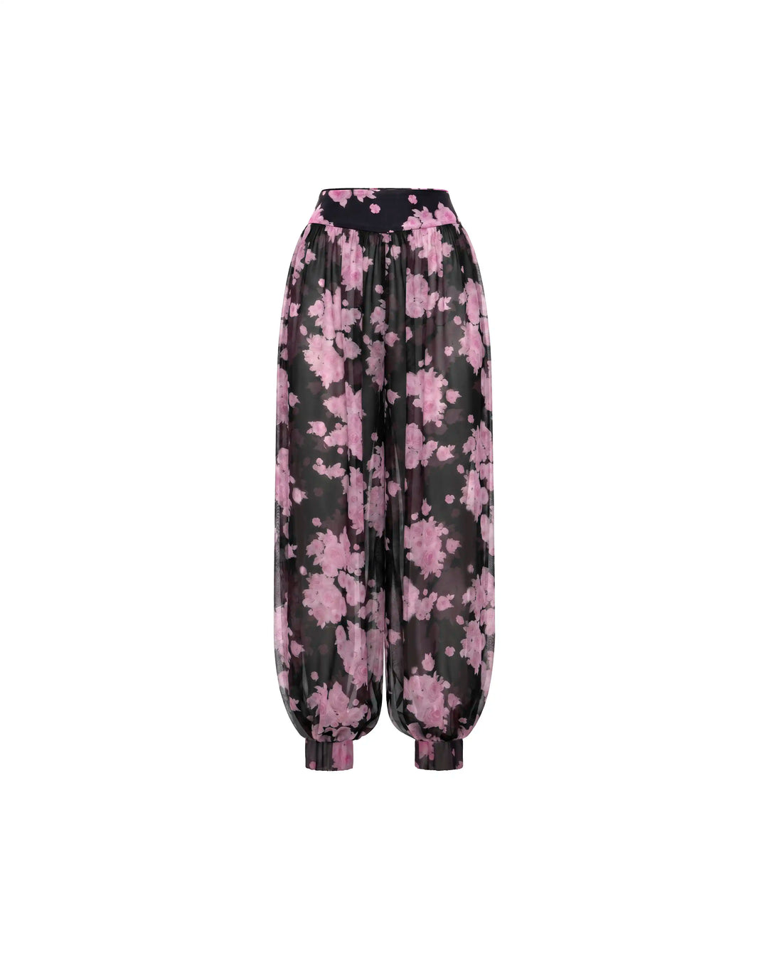 Evie, black chiffon harem pants with large pink flowers