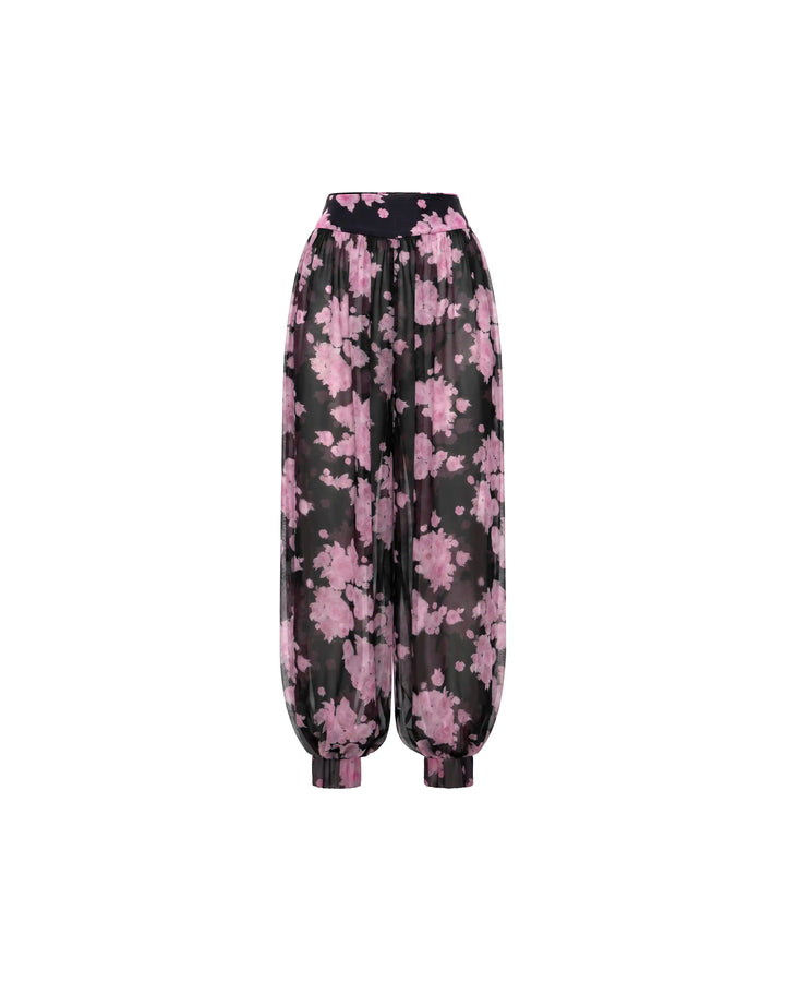 Evie, black chiffon harem pants with large pink flowers