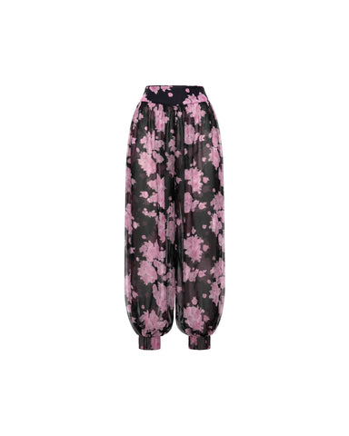 Evie, black chiffon harem pants with large pink flowers