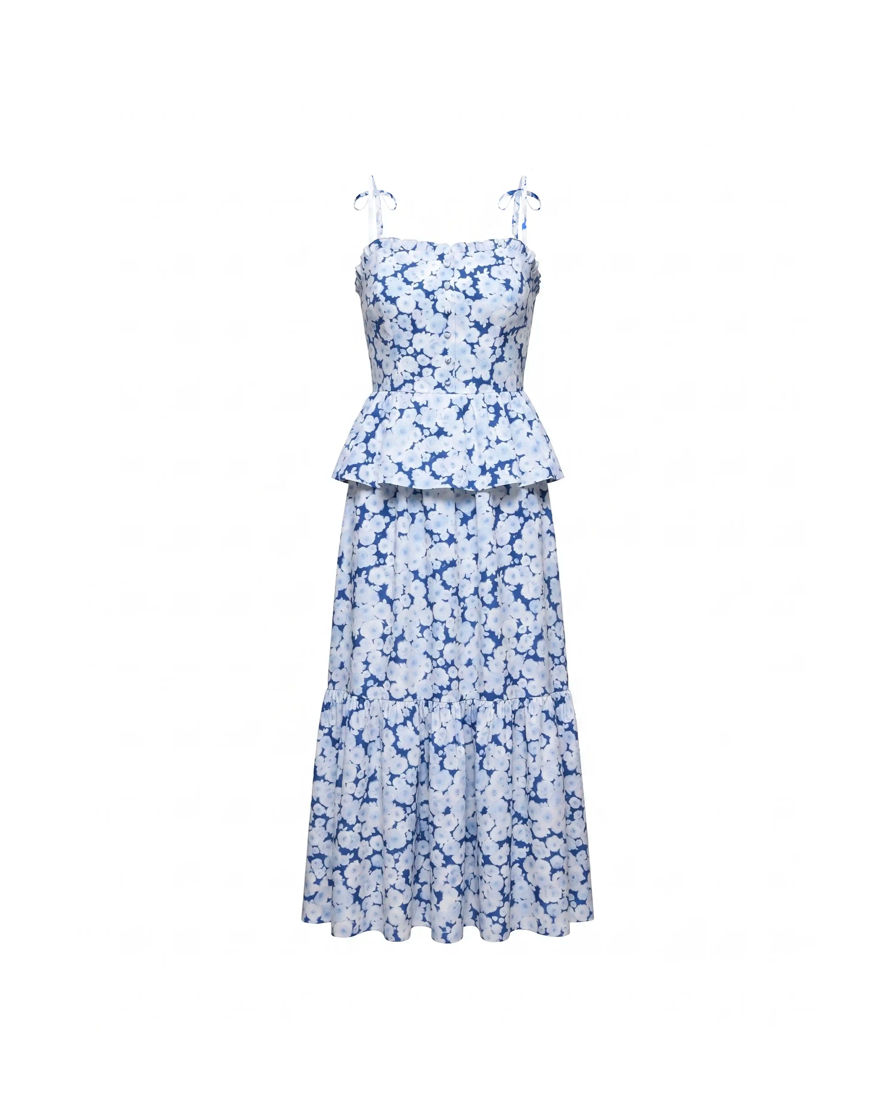 Perla midi, blue crepe de chine dress with medium blue flowers
