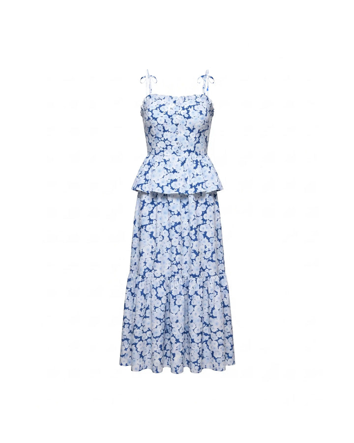 Perla midi, blue crepe de chine dress with medium blue flowers