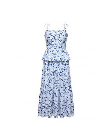 Perla midi, blue crepe de chine dress with medium blue flowers
