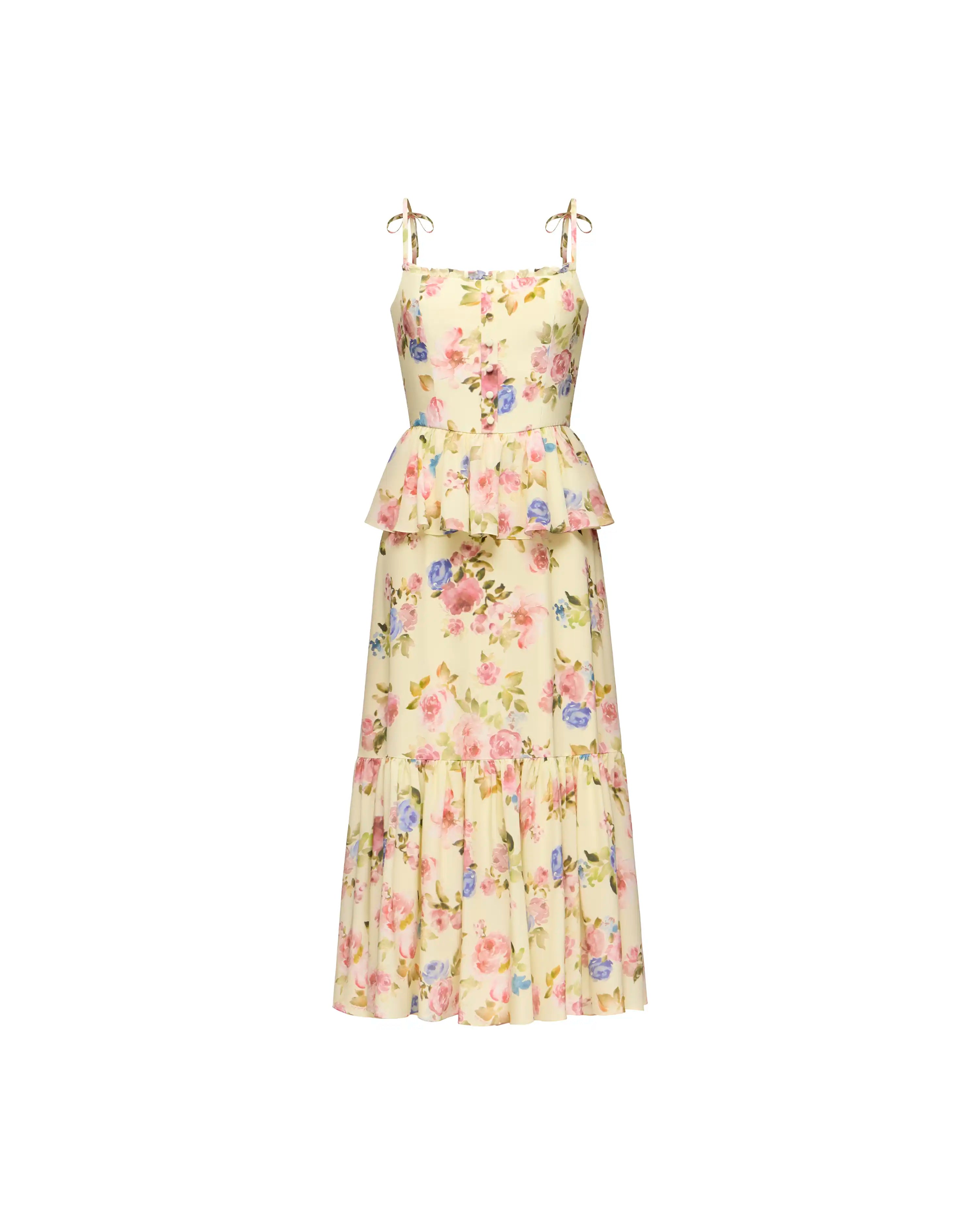 Perla midi, midi dress in pale yellow crepe de chine with a floral print