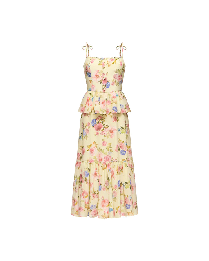 Perla midi, midi dress in pale yellow crepe de chine with a floral print