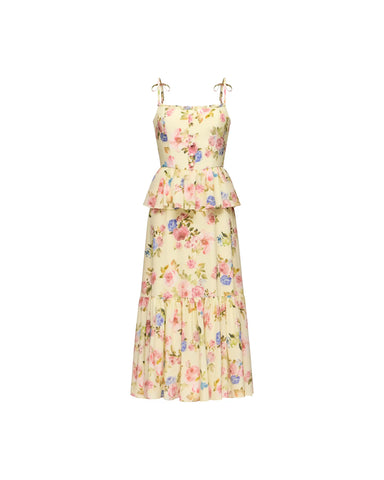 Perla midi, midi dress in pale yellow crepe de chine with a floral print