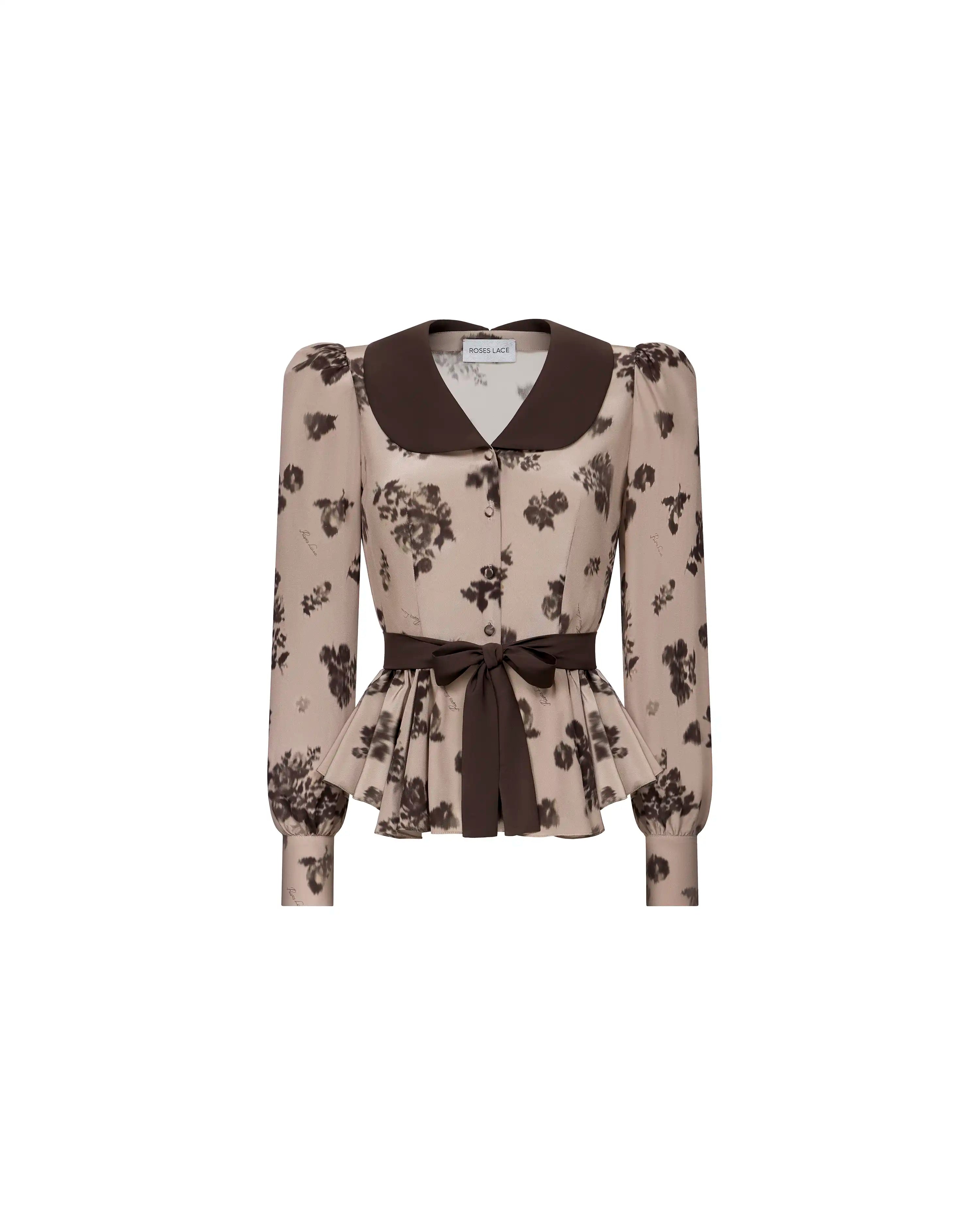 Rosetta, beige crepe de chine blouse with chocolate flowers