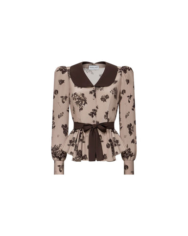 Rosetta, beige crepe de chine blouse with chocolate flowers