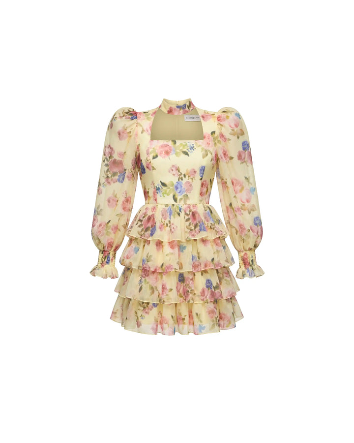 Valerie mini, mini dress in pale yellow crepe de chine with a floral print