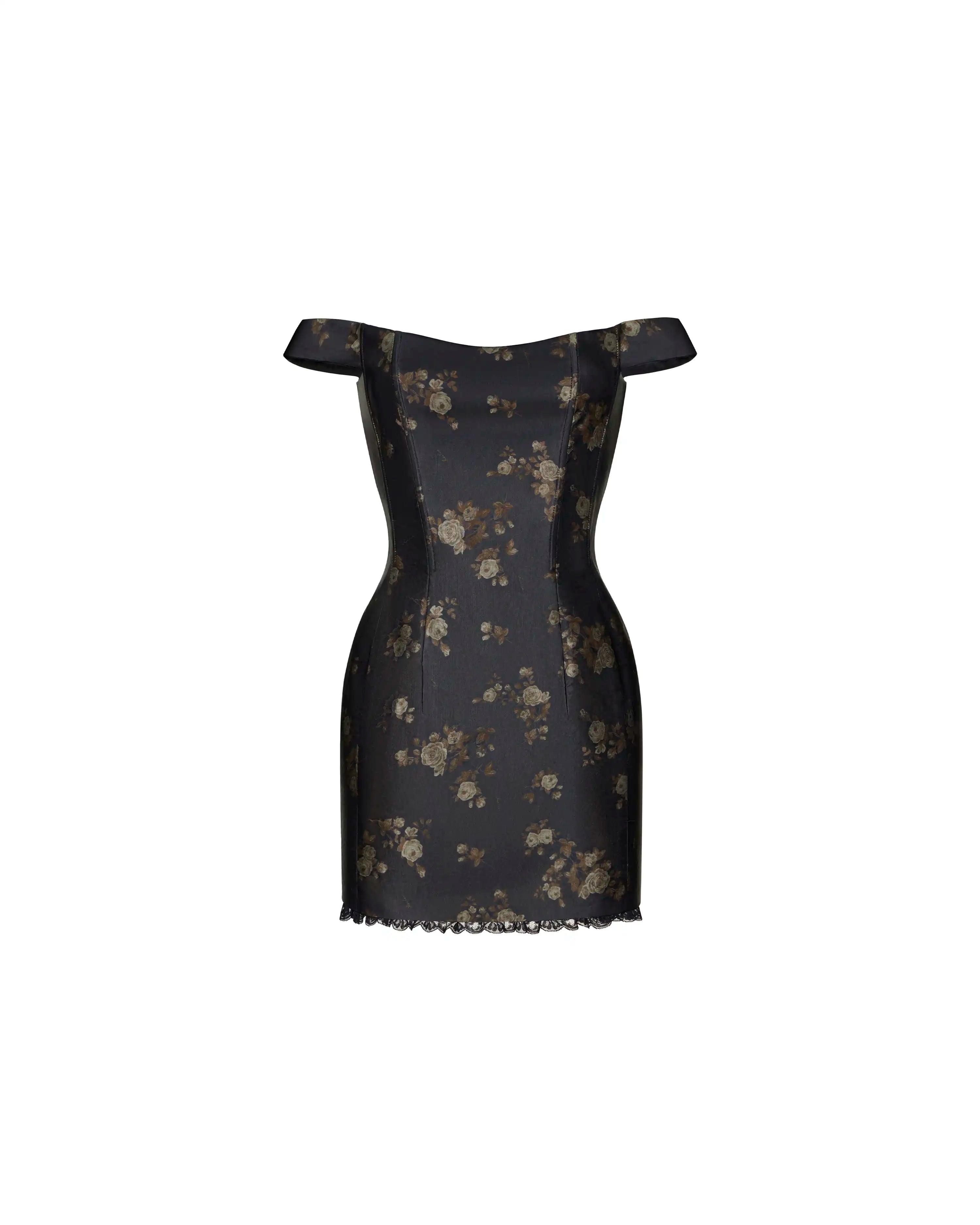 Cleo mini, black taffeta mini dress with brown flowers