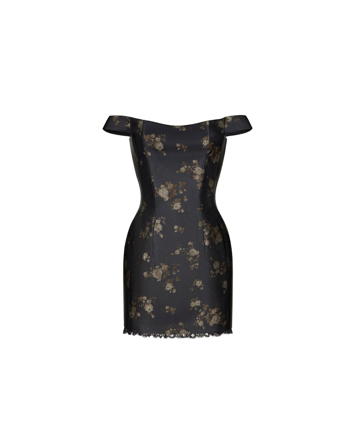 Cleo mini, black taffeta mini dress with brown flowers