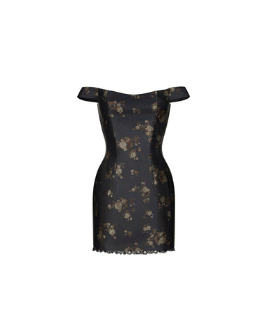 Cleo mini, black taffeta mini dress with brown flowers