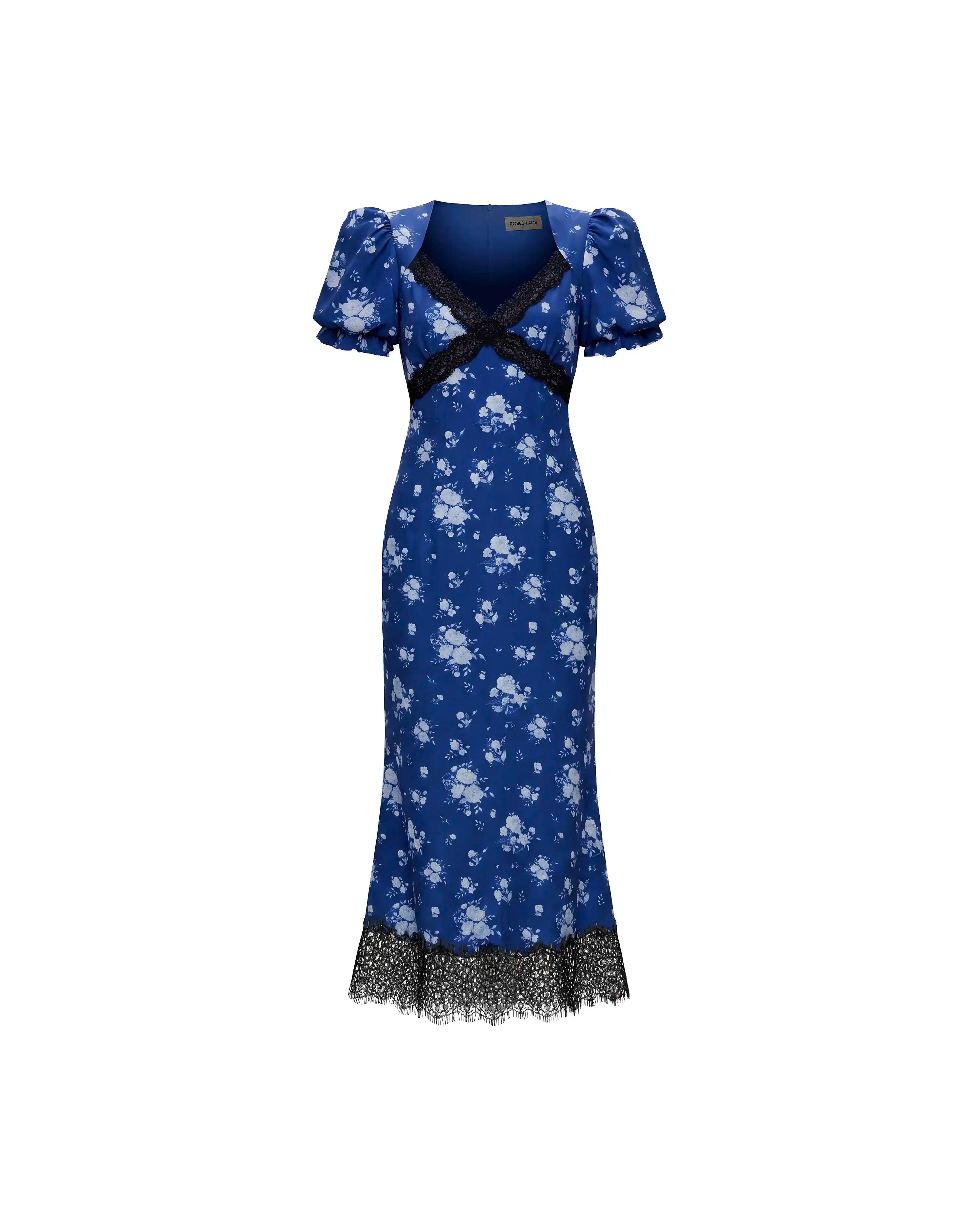 Penny midi, blue crepe de chine midi dress with medium blue flowers