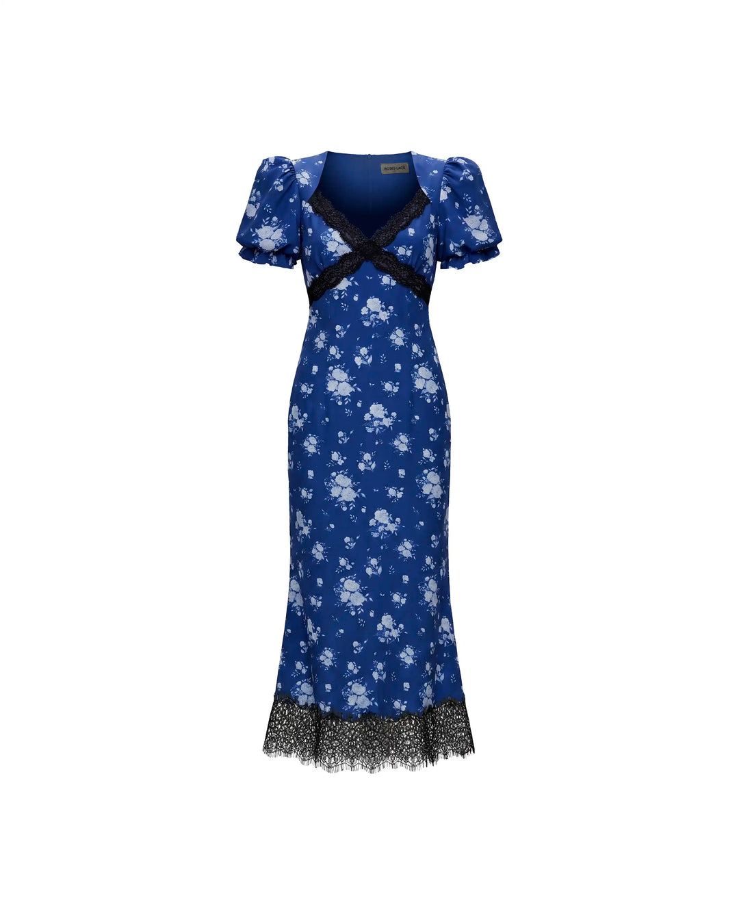 Penny midi, blue crepe de chine midi dress with medium blue flowers