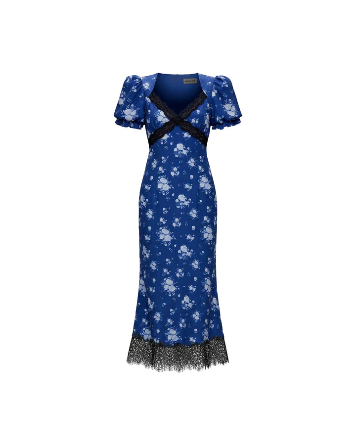Penny midi, blue crepe de chine midi dress with medium blue flowers