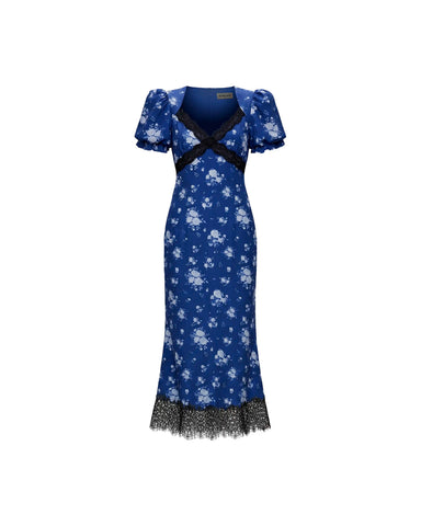 Penny midi, blue crepe de chine midi dress with medium blue flowers