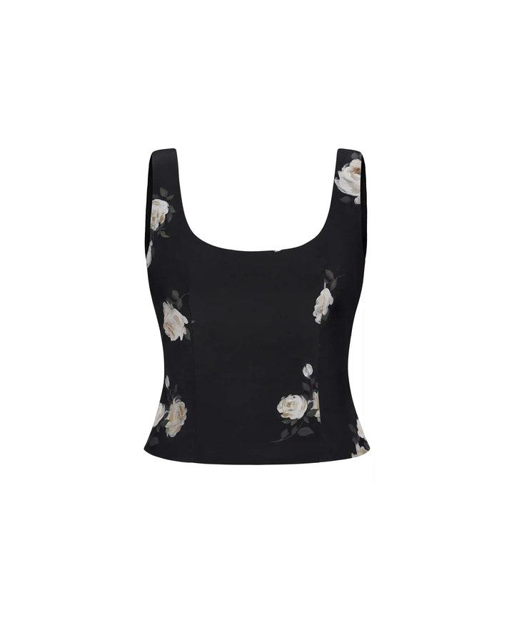 Lee top, corset top with straps made of black crepe de chine with floral print
