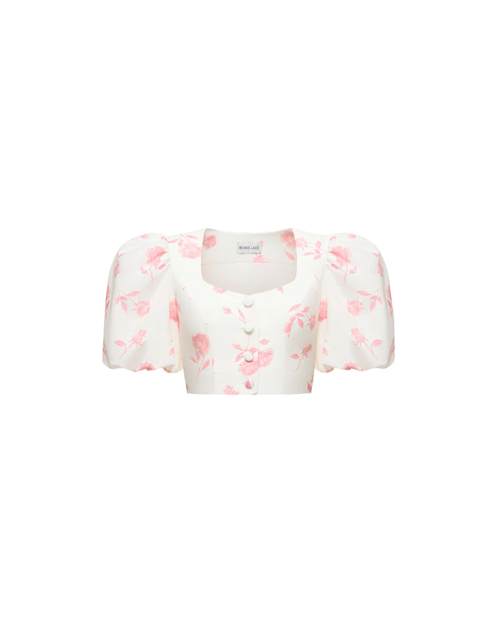 Chanelle, ivory batiste top with medium light pink flowers