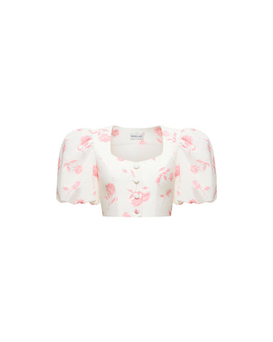 Chanelle, ivory batiste top with medium light pink flowers