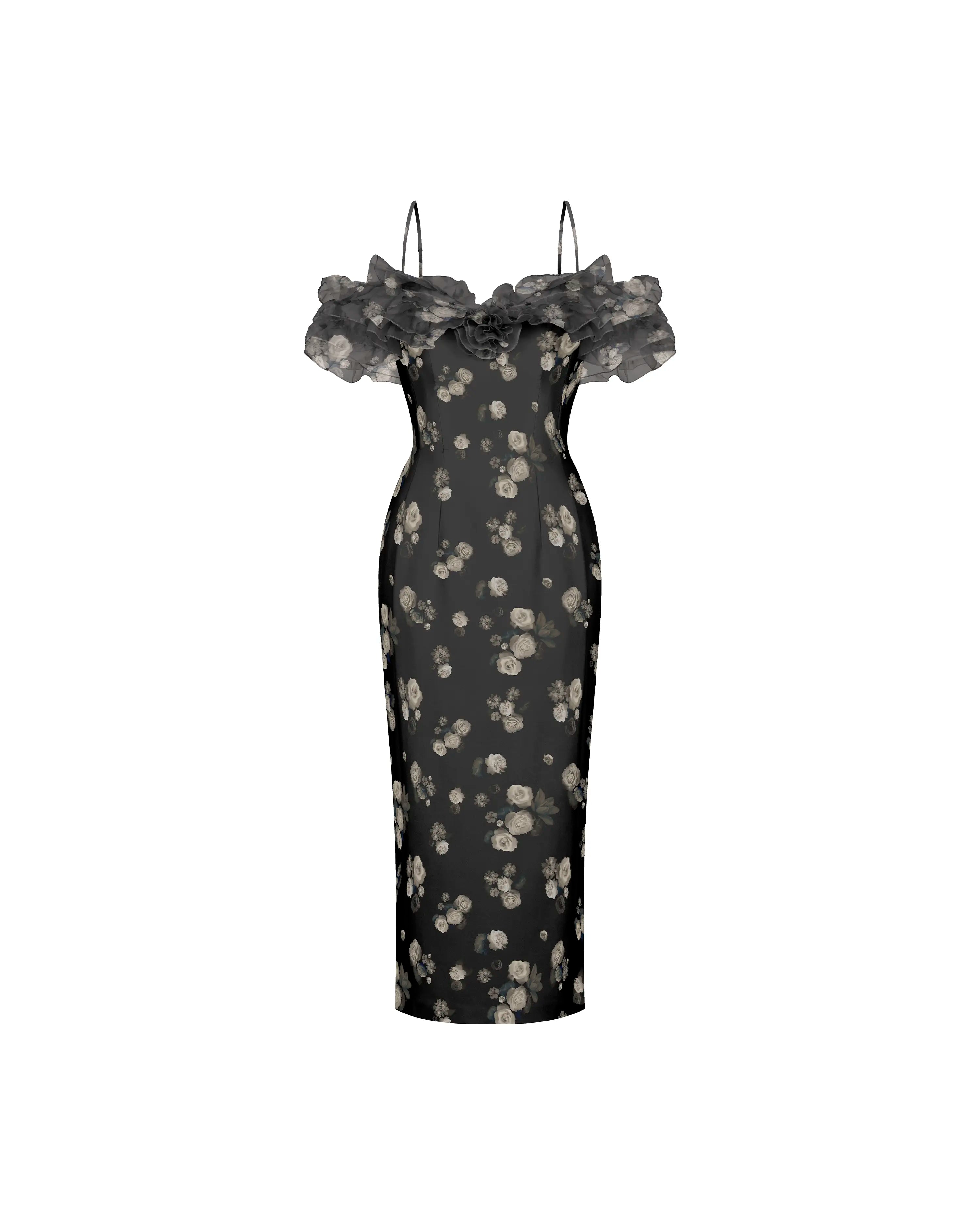 May midi, midi dress in black organza with a floral print