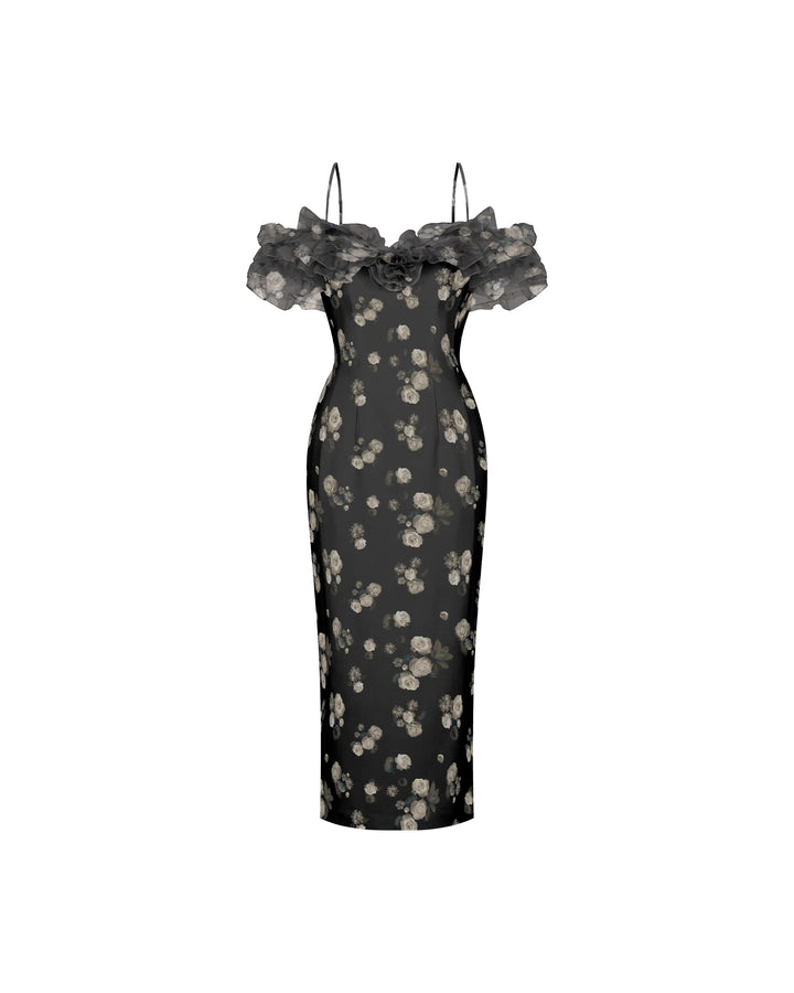 May midi, midi dress in black organza with a floral print