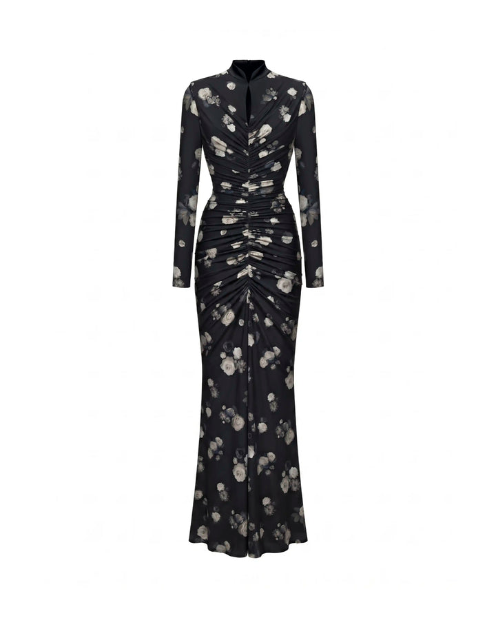 Madiya maxi, maxi dress in black biflex with a floral print