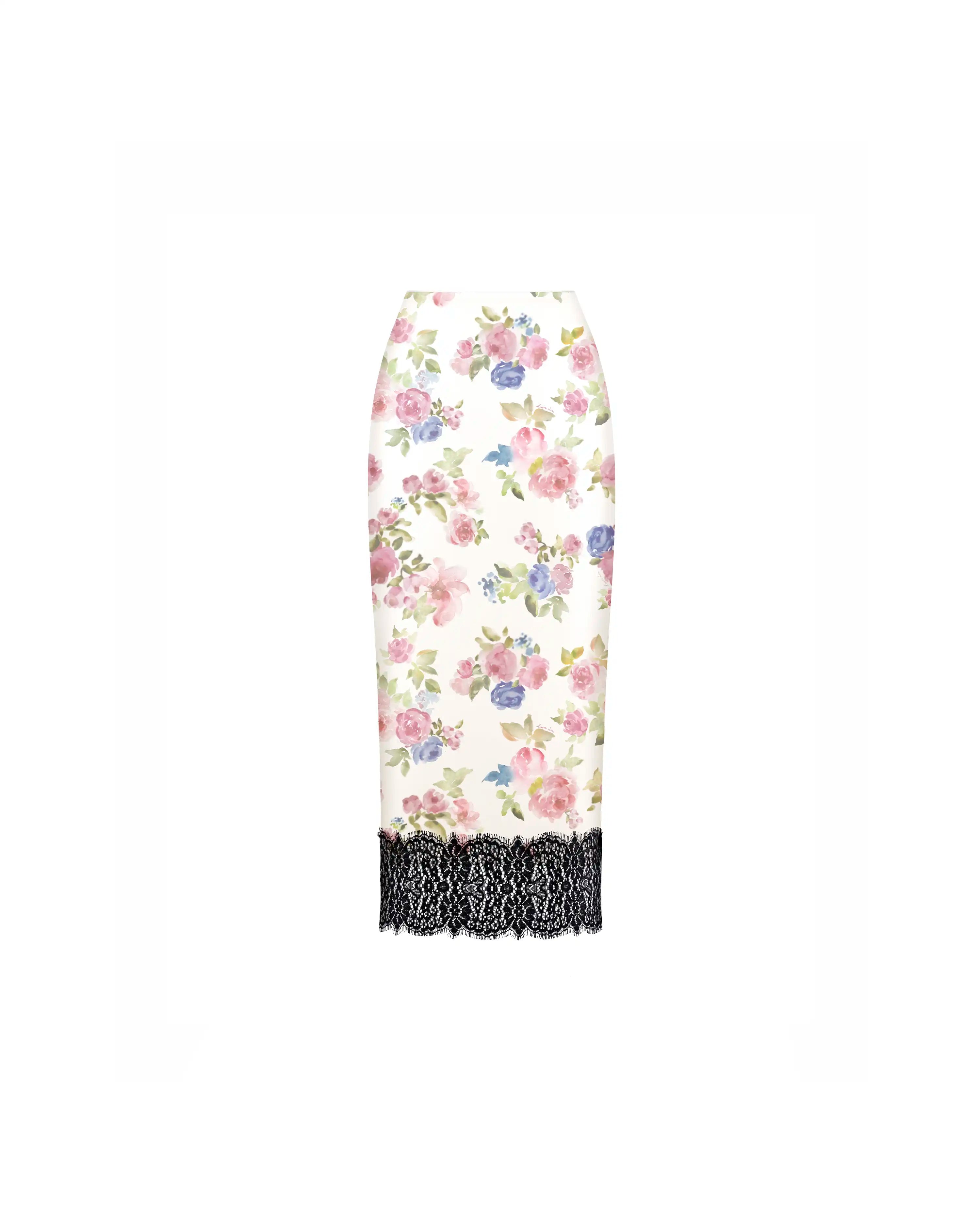 Muriel midi, milky satin midi skirt with a floral print and black lace trim