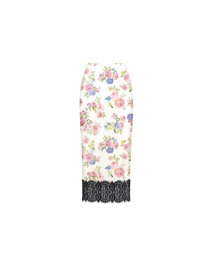 Muriel midi, milky satin midi skirt with a floral print and black lace trim