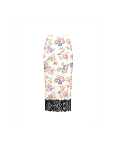 Muriel midi, milky satin midi skirt with a floral print and black lace trim