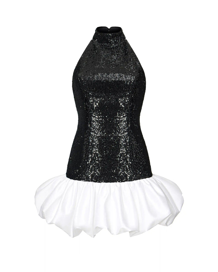 Nika mini, mini dress with a black sequin bodice and a balloon skirt in ivory taffeta