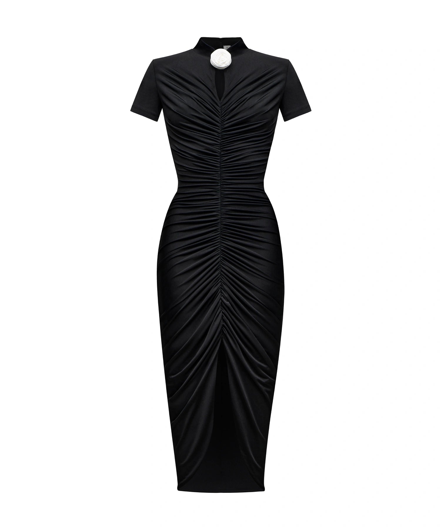 Amanda, midi dress with short sleeves made of black biflex